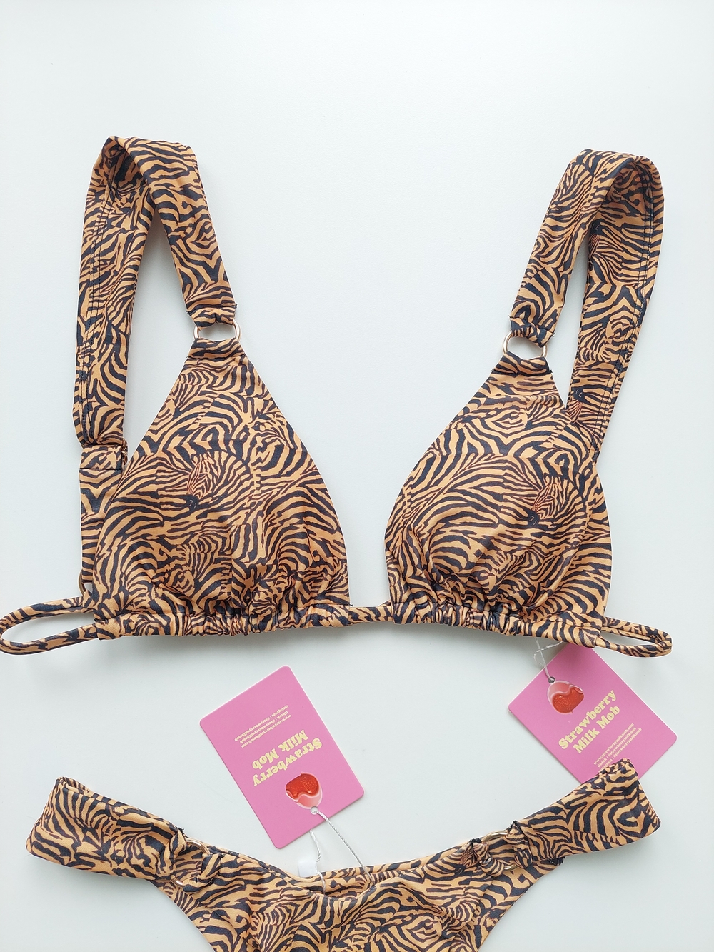 Strawberry Milk Mob TOP ONLY - L Desert Lily Tiger-Print Triangle Bikini Swim